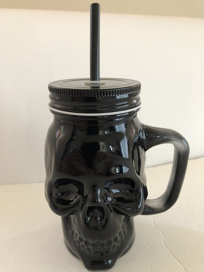 Skull Shape Glass Mason Jar | Reusable Mug with Lid & Straw | Black color - 450 ml