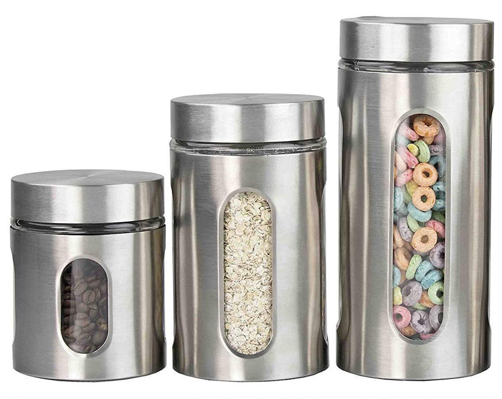 Stainless Steel Plated Glass Kitchen Canister Set of 3 - Airtight Food Storage with Visible Window - Silver