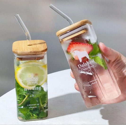 Mason Jars with Glass Straws and Airtight Wooden Lids - 350ml Drinking Glass Cups (Pack of 1)"