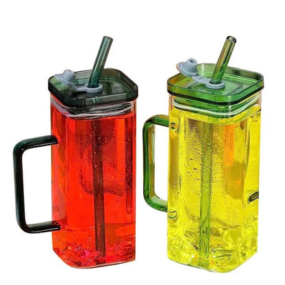 Square Mason Jar Glass Cups with Lids and Straws - Colored Handle Set of 2 - 400 ml