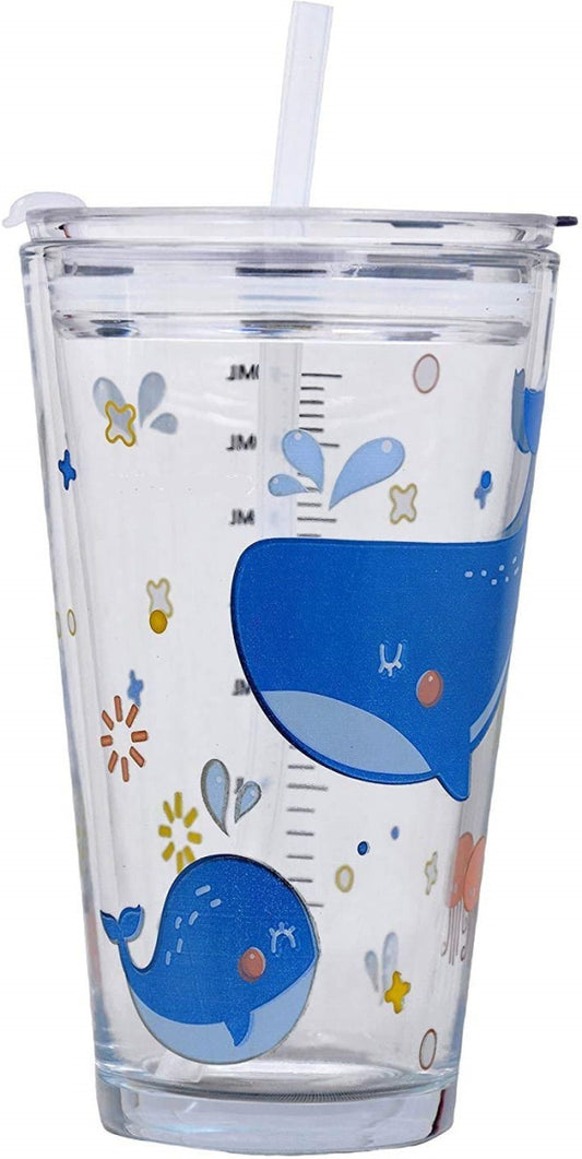 Big Transparent Glass Mug for Kids with Straw - Fun Cartoon Designs - 470ml