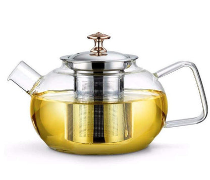 Teapot Kettle Round Set of 1 - Stainless Steel Infuser | Glass Kettle Teapot with Strainer Lid (Not Heat Resistant)