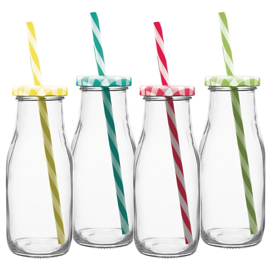 Milk Bottle Glass Mason Jar 300 ML - Reusable Straw - Airtight Twist Lid - Ideal for Milk, Juice, Shake - 1 Piece"