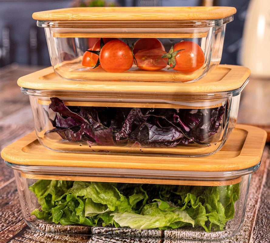 Rectangular Glass Food Storage Containers with Air Tight Wooden Lid - Set of 3 (360ml, 580ml, 900ml)"