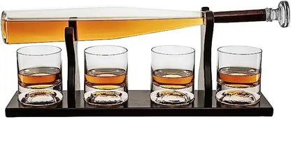 Baseball Bat Whiskey & Wine Decanter Set with 4 Double Layered Glasses and Mahogany Wood Stand - 1000ML Decanter, 350ML Glasses