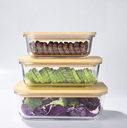 Rectangular Glass Food Storage Containers with Air Tight Wooden Lid - Set of 3 (360ml, 580ml, 900ml)"