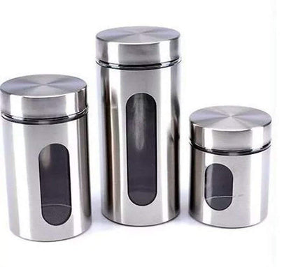 Stainless Steel Plated Glass Kitchen Canister Set of 3 - Airtight Food Storage with Visible Window - Silver