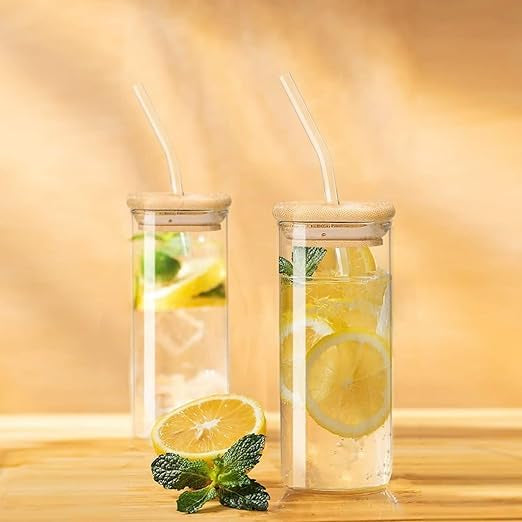 Mason Jars with Glass Straws and Airtight Wooden Lids - 350ml Drinking Glass Cups (Pack of 1)"