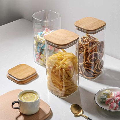 Square Wooden Lid Glass Jar Food Storage Containers Set - Airtight Kitchen Canisters for Sugar, Candy, Cookie, Rice, and Spice Jars (1.58 L)