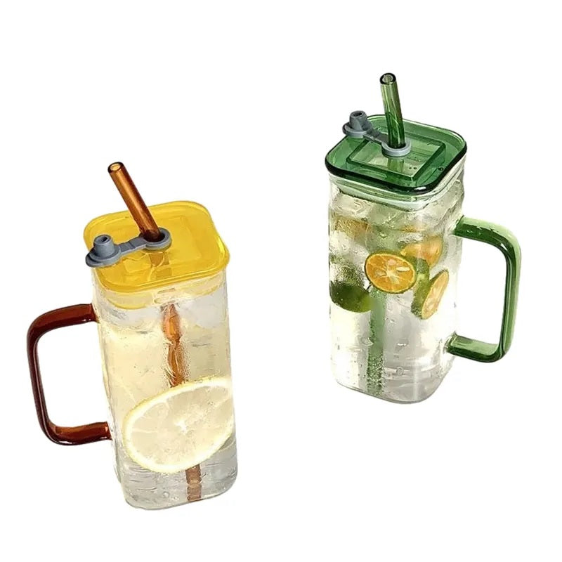 Square Mason Jar Glass Cups with Lids and Straws - Colored Handle Set of 2 - 400 ml