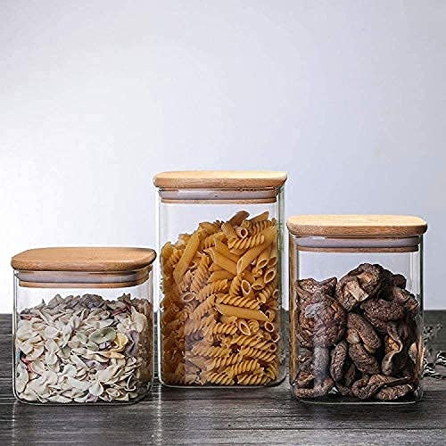 Square Glass Jar with Wooden Lid - 1200ml | Food Storage Glass Jars & Containers for Noodles, Flour, Cereal, Rice, Sugar, Tea, Coffee, and More