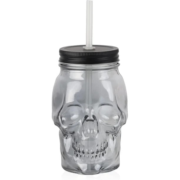 Skull Shape Glass Mason Jar | Reusable Mug with Lid & Straw | Black color - 450 ml