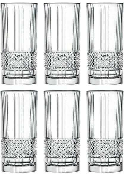 Glass Crystal Highball Glasses Set of 6 - 435 ml | Tall Heavy Base Drinking Ribbed Glassware for Water, Beer, Juice & Mojito