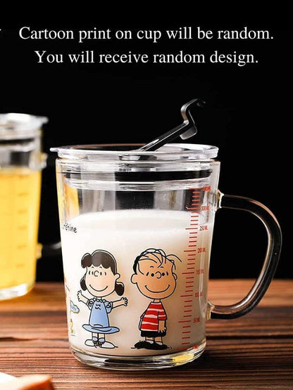 Cartoon Printed Glass Drinking Mug with Handle, Clear Lid, and Scale Straw - 400ml