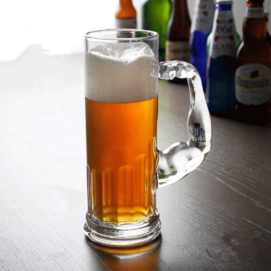 Italian Premium Set of 2 Muscle Beer Mugs - 600 ML Clear Glass with Handle Shape - Jumbo Size Drinking Mug