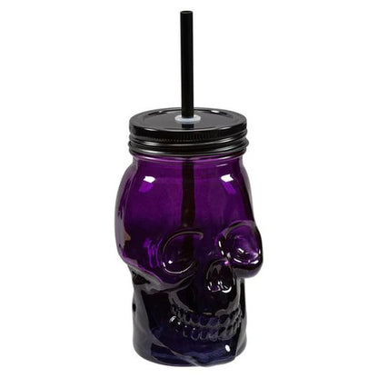 Skull Shape Glass Mason Jar | Reusable Mug with Lid & Straw | Black color - 450 ml