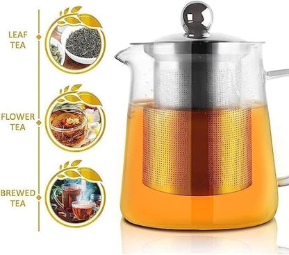 Triangle Steiner 900ML Glass Tea Kettle - Heat Resistant Teapot with Stainless Steel Infuser Strainer