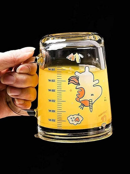 Cartoon Printed Glass Drinking Mug with Handle, Clear Lid, and Scale Straw - 400ml