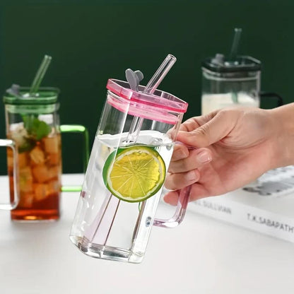 Square Mason Jar Glass Cups with Lids and Straws - Colored Handle Set of 2 - 400 ml