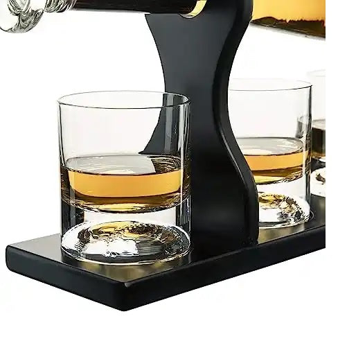 Baseball Bat Whiskey & Wine Decanter Set with 4 Double Layered Glasses and Mahogany Wood Stand - 1000ML Decanter, 350ML Glasses