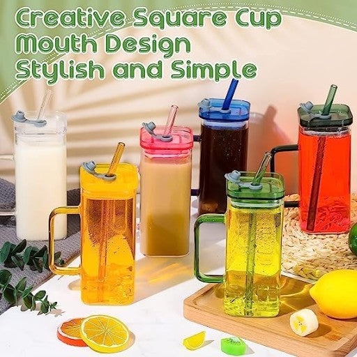 Square Mason Jar Glass Cups with Lids and Straws - Colored Handle Set of 2 - 400 ml