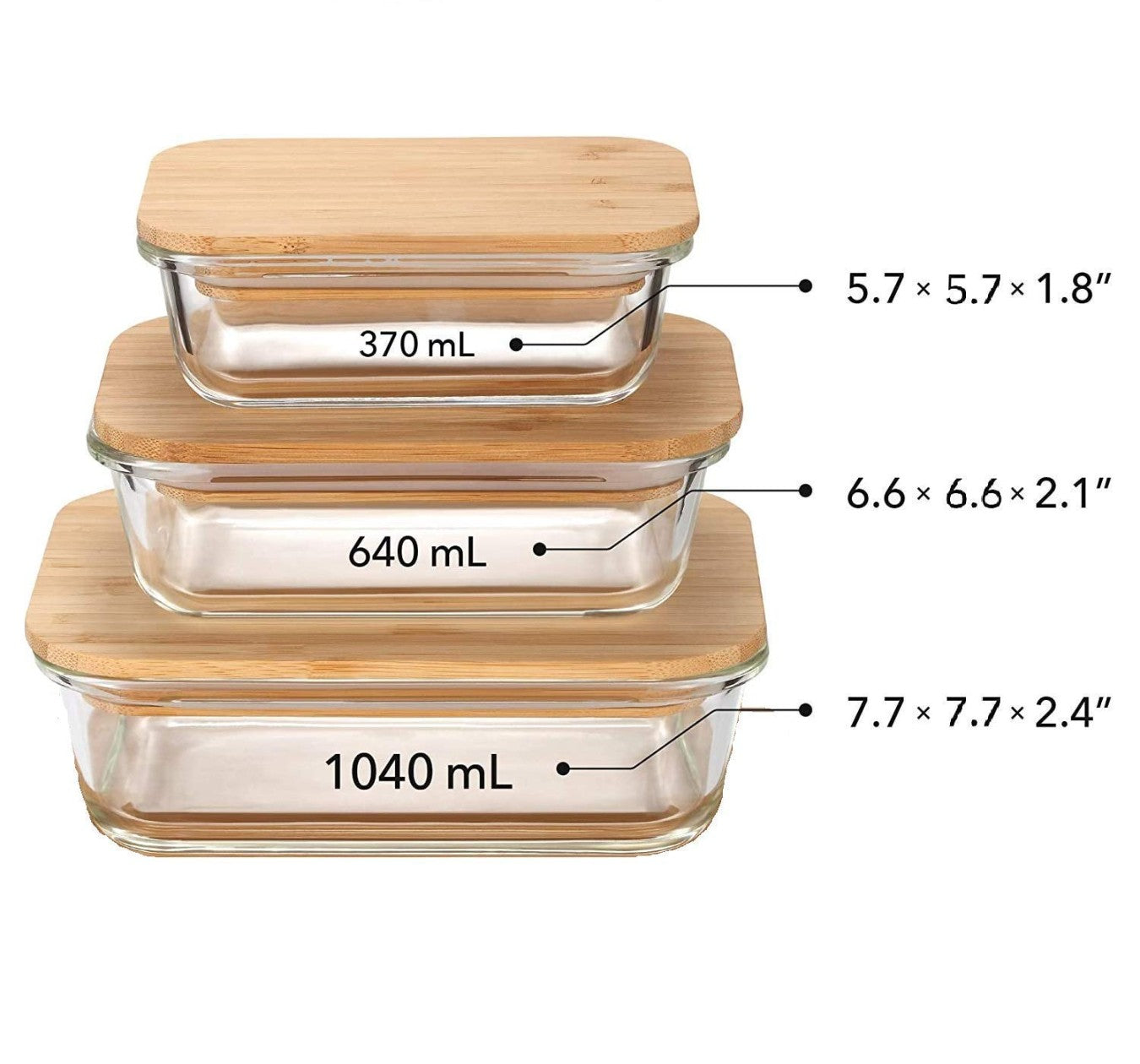 Rectangular Glass Food Storage Containers with Air Tight Wooden Lid - Set of 3 (360ml, 580ml, 900ml)"