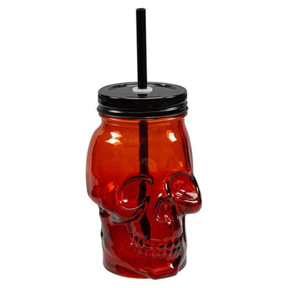 Skull Shape Glass Mason Jar | Reusable Mug with Lid & Straw | Black color - 450 ml