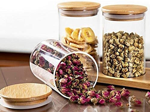 Wooden Lid Glass Jars - Set of 3 (220ml each) | Airtight Food Containers with Stylish Wooden Lids