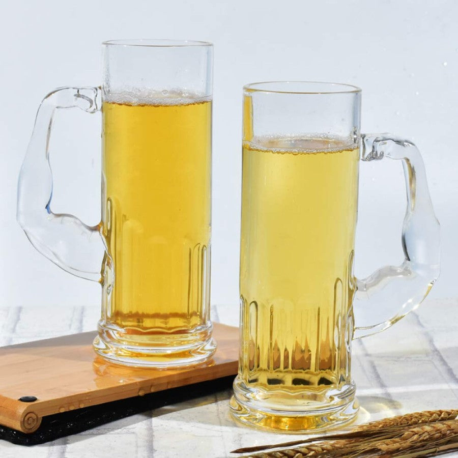 Italian Premium Set of 2 Muscle Beer Mugs - 600 ML Clear Glass with Handle Shape - Jumbo Size Drinking Mug