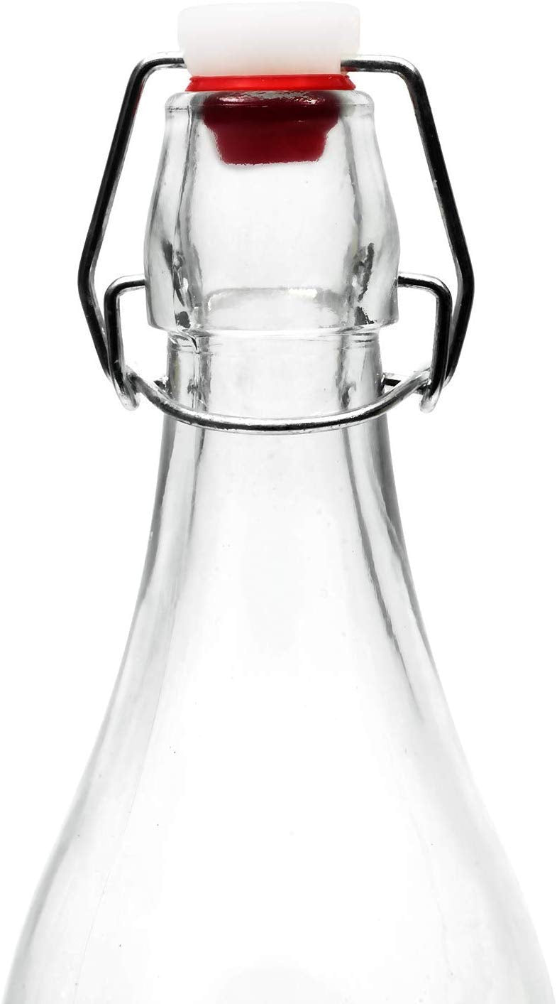 Flip Top Clear Glass Water Bottle 1 Liter - Swing Cap, Airtight Lid, Leak-Proof Cap