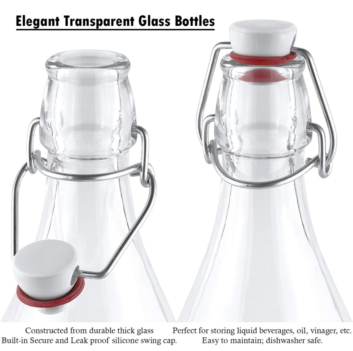 Glass Water Bottle 1 Litre - Crystal Clear, Unbreakable, Transparent with Cap Lid