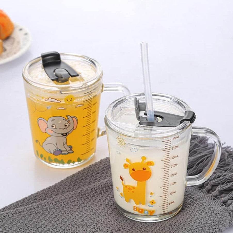 Cartoon Printed Glass Drinking Mug with Handle, Clear Lid, and Scale Straw - 400ml