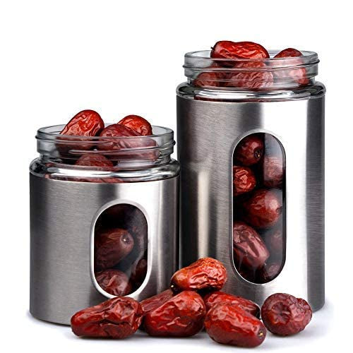 Stainless Steel Plated Glass Jar Canister - Airtight Food Storage Organizer with Visible Window - 800 ml Capacity (1 PCS)