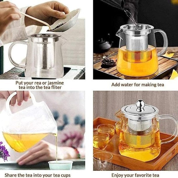 Triangle Steiner 900ML Glass Tea Kettle - Heat Resistant Teapot with Stainless Steel Infuser Strainer