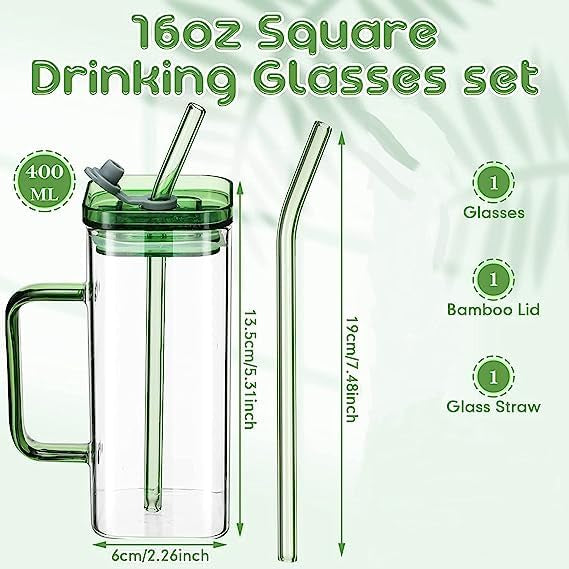 Square Mason Jar Glass Cups with Lids and Straws - Colored Handle Set of 2 - 400 ml