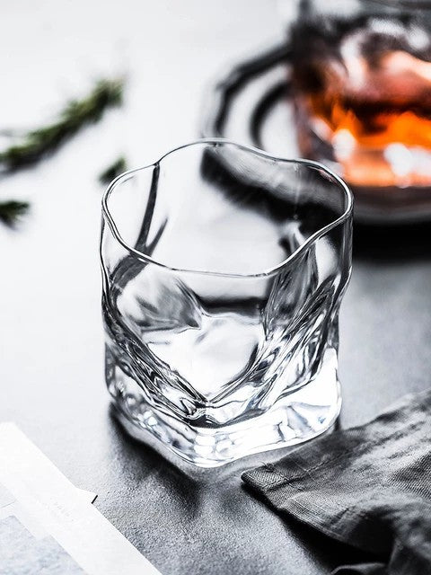 Crumple Whiskey Tumbler 280ML - Set of 6 Crystal Cut Barware Drinking Glasses for Whisky & Cocktail Drinks