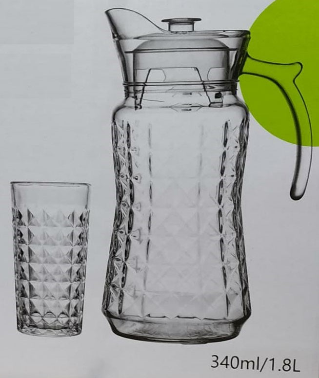 Premium Juice and Water Glass Pitcher Jug with Lid and 1.8 Liter Jug with Glass Set