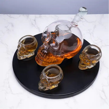 Antique Skull Shape Crystal Whiskey Decanter Set - 750 ML Decanter, 3 Glass Steel Funnel, Handmade Globe Shape Liquor Glass