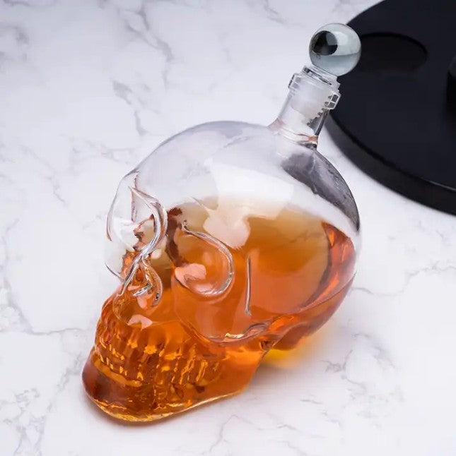 Antique Skull Shape Crystal Whiskey Decanter Set - 750 ML Decanter, 3 Glass Steel Funnel, Handmade Globe Shape Liquor Glass